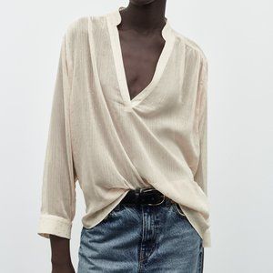 ZARA S  Cream Sheer Oversized Rhinestone Blouse Long Sleeves V Neck 8559/838/942